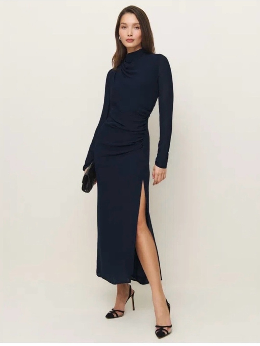 Nwt Reformation Tilda Navy Long-Sleeve cocktail dress Side Slit ruched waist